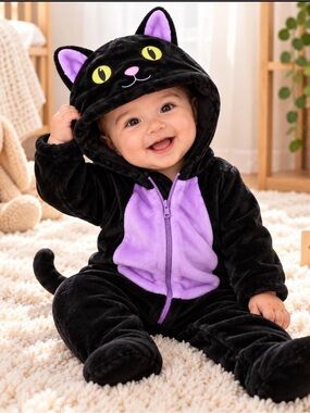 Black & Lilac Ultra Soft Plush Cat One-Piece Romper for Kids Size 66 or 3-6M